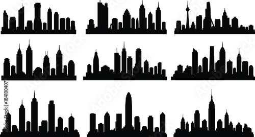 City skyline silhouettes, urban architecture icons, black skyline vector set, modern cityscape collection, metropolitan building shapes, minimalist skyline illustrations