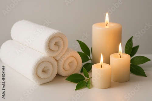 Serene Spa Scene: A tranquil arrangement of rolled towels, candles, and delicate foliage, embodying peace and relaxation. The soft glow of the candlelight adds to the soothing ambiance.