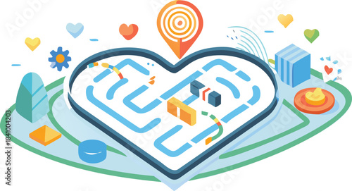 A vibrant and whimsical illustration of a heart shaped maze with colorful elements and a target destination symbolizing love challenges and achievement