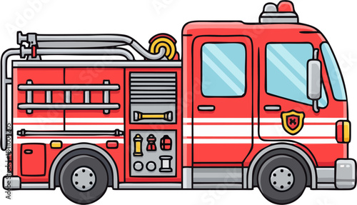 Fire Truck Vector Illustration – Simplified Red Emergency Vehicle In Side View With Ladder, Hose And Firefighting Tools
