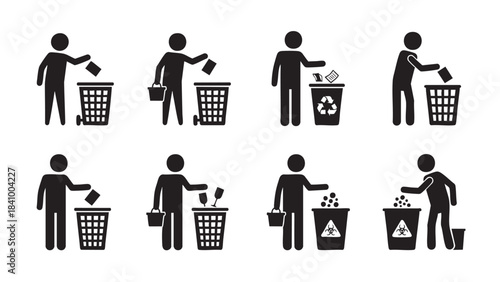 A comprehensive collection of stick figure icons illustrating various methods of waste disposal and recycling processes