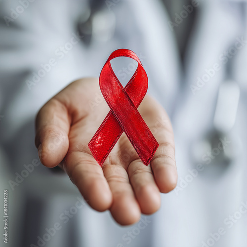 A person is holding a red ribbon in their hand, which is a symbol for breast cancer awareness