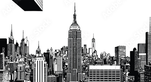 Detailed black and white vector skyline of New York City featuring Empire State Building, One World Trade Center, dense skyscrapers, architectural skyline perspective