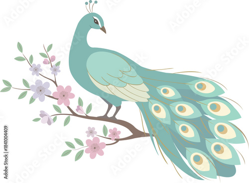 Decorative Peacock on a Flowering Branch