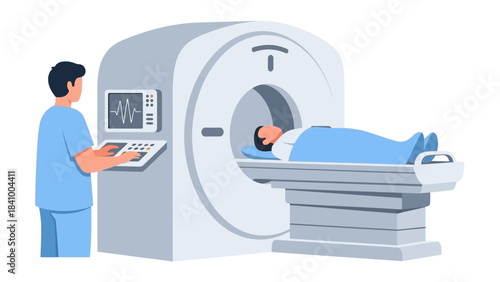 CT Scan Procedure Illustration Showing Patient Undergoing Medical Imaging, Radiology Examination, Diagnostic Test, Clinical Assessment, Hospital Technology Equipment and Healthcare Evaluation Process