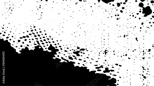 Abstract grunge background featuring a black ink splat with a paint splash texture, vector spray splatter design, and an artistic halftone border element on a dirty stain silhouette