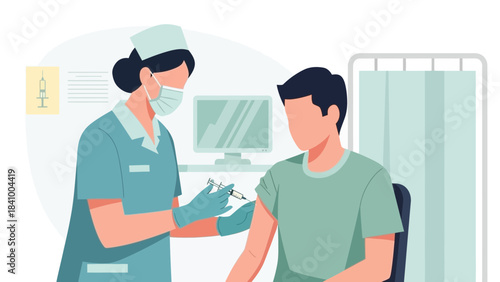 Nurse Administering Vaccination Injection to Patient in Medical Clinic, Immunization Procedure, Healthcare Prevention, Vaccine Shot, Clinical Treatment and Public Health Protection Illustration