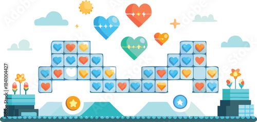 A playful and colorful 2d video game level design featuring heart shaped collectibles platforms clouds and a bright sun against a dark background