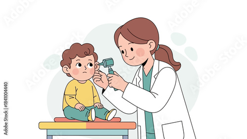 Pediatric Doctor Examining Child’s Ear with Otoscope During Medical Check-Up, Children Health Assessment, Clinical Evaluation, Pediatric Care, Healthcare Support and Wellness Consultation Illustration