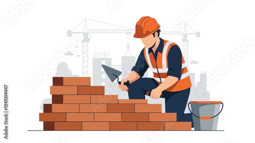 Bricklayer Construction Worker Building Brick Wall with Trowel, Masonry Craft, Structural Development, Civil Engineering Work, Home Construction Process and Building Foundation Illustration