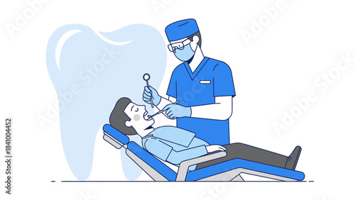 Dentist Treating Patient During Dental Check-Up, Oral Health Examination, Tooth Care Procedure, Clinical Dentistry Treatment, Professional Medical Service and Hygiene Consultation Illustration