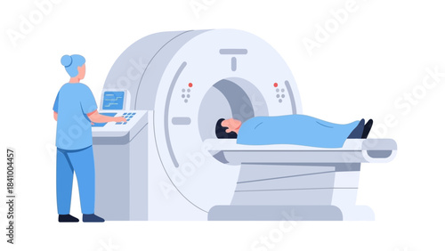 MRI Scan Procedure Illustration Showing Patient Undergoing Medical Imaging, Radiology Examination, Diagnostic Test, Clinical Assessment, Hospital Technology Equipment and Healthcare Evaluation Process