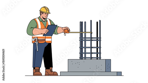 Construction Worker Measuring Rebar Steel Structure on Building Site, Civil Engineering Preparation, Foundation Reinforcement, Structural Development, Material Inspection and Construction Project Illu