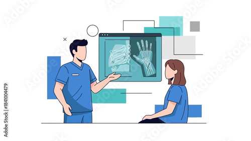 Doctor Explaining Hand Bone X-Ray to Patient in Medical Consultation, Radiology Diagnosis, Orthopedic Examination, Clinical Assessment, Injury Analysis and Professional Healthcare Guidance Illustratio