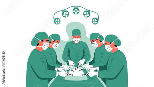 Surgical Team Performing Operation in Operating Room, Medical Procedure by Professional Doctors, Hospital Clinical Treatment, Sterile Environment, Healthcare Intervention and Surgery Practice Illustra