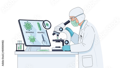 Scientist Researching Virus Under Microscope in Laboratory for Microbiology Study, Infectious Disease Analysis, Medical Testing, Biotechnology Experiment, Pathogen Investigation and Clinical Science I