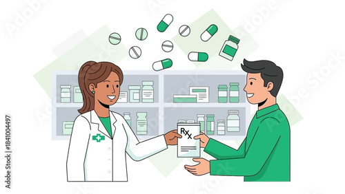 Pharmacist Providing Prescription Medication to Customer in Pharmacy, Drug Consultation, Healthcare Service, Medical Treatment Support, Pharmaceutical Advice and Medicine Distribution Illustration