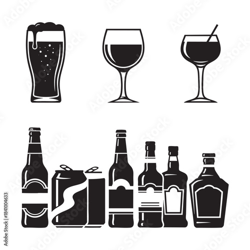 Black silhouette icons of various alcoholic drinks including beer wine cocktails and spirits in glasses and bottles representing bar menu options