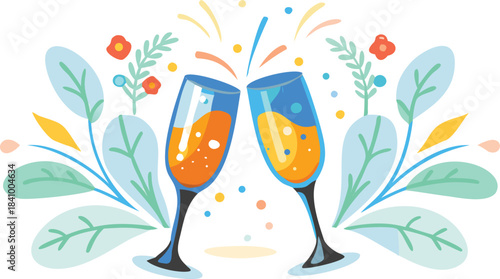 Two champagne glasses clinking together in a toast surrounded by colorful abstract floral elements and confetti celebrating a special occasion with joy and festivity