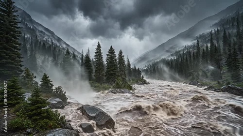 嵐の中の渓谷と濁流