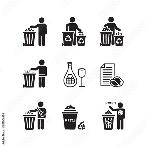 Black vector icons illustrating waste management concepts including sorting recycling and responsible trash disposal for environmental protection