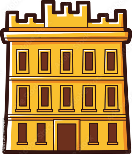 A stylized golden yellow castle tower with three stories battlements and thick brown outlines.