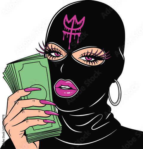 A woman in a black balaclava with a pink crown sigil dramatic makeup and a stack of cash.