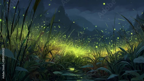 Fireflies glowing in dark forest at night