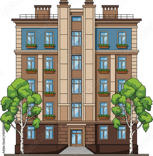 Classic multistory apartment building illustration with a symmetrical brown and blue facade.