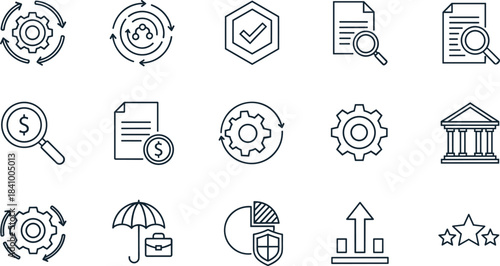 Business Process Management Line Icon Set, Financial Analysis, Corporate Strategy, Quality Assurance, Regulatory Compliance, Insurance, Workflow Optimization, Performance Growth, and Banking Outline 