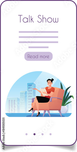 A smartphone screen with a female character in a chair asking questions, talk show.