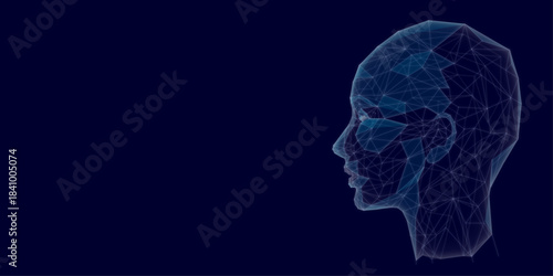 Abstract side profile. AI assistant or artificial intelligence agent concept. Low-poly wireframe head of humanoid robot in futuristic technology style. Blue hi-tech background. Digital avatar.