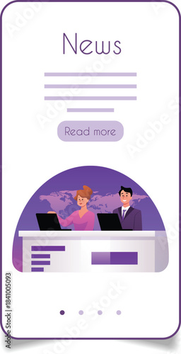 TV news in studio with backstage on the smartphone screen, vector cartoon TV journalists and newscasters broadcasting