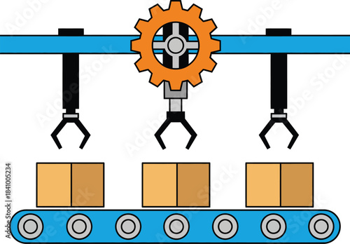 Colorful illustration of an automated factory assembly line with robotic arms a gear and a conveyor belt with boxes.