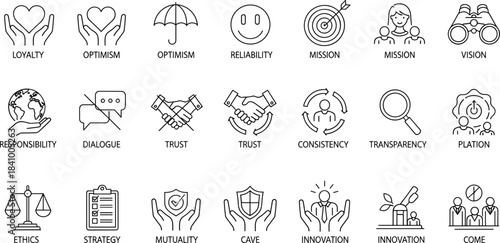 Business Strategy and Management Icons Set: Teamwork, Goals, Target, Calendar, Growth Chart, Trophy, Wallet, Workflow, Leadership, Organization Line Art