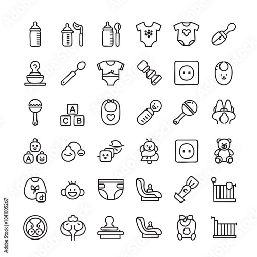 Comprehensive baby care accessories line art icon collection including bottles toys clothing and furniture for newborn needs