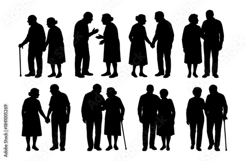 Vector illustration. An elderly couple of pensioners. A large set of people.