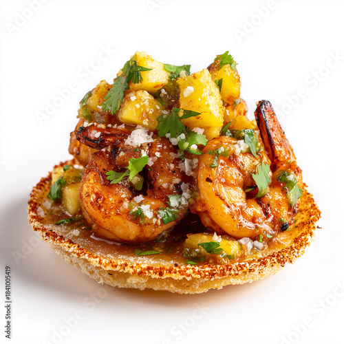 Mexican habanero shrimp tostada, charred pineapple salsa, chili salt rim crisp, elevated street seafood