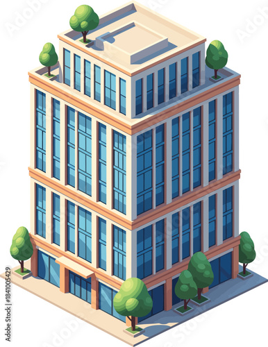 Isometric cartoonstyle multistory office building with blue glass windows and rooftop trees.