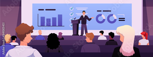 Lecture hall background with a speaker at the podium, a screen with graphs, and an audience.