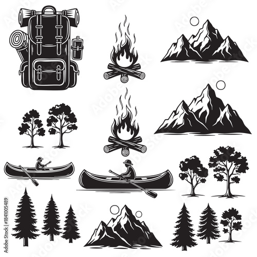 Detailed vintage camping and outdoor adventure vector elements collection featuring mountains backpack campfire trees and canoe isolated