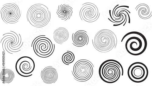 Diverse collection of abstract black spiral and concentric circle vector shapes for modern graphic design elements