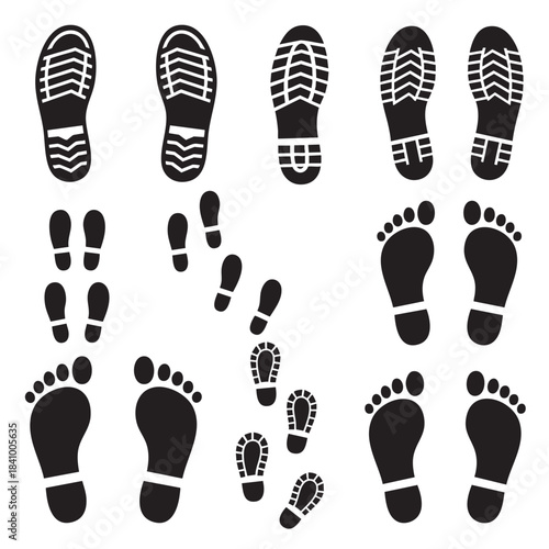 Diverse collection of black silhouette human footprints and shoe prints showing various walking steps and directions vector illustration