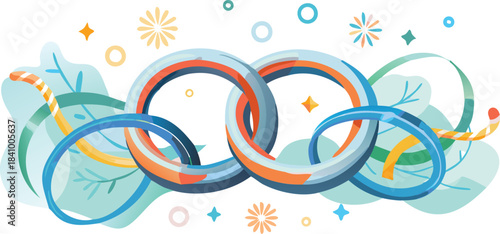 Abstract interconnected rings and floral elements with a playful and modern design against a dark background symbolizing connection and creativity