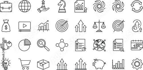 Business, Finance, and Strategy Icons Set: Investment, Growth, Money Bag, Video Marketing, Analytics, Shopping Cart, Target, Piggy Bank, Global Commerce Line Art
