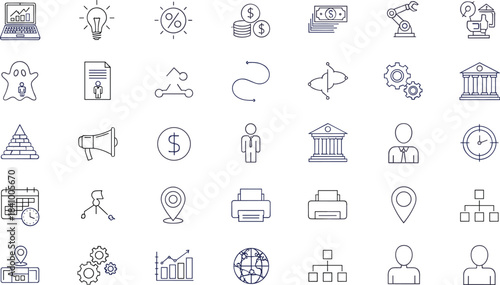 Business, Finance, and Administration Icons Set: Marketing, Money, Strategy, Analytics, Management, Banking, Pyramid, Robot, Graph, Location, Print Line Art