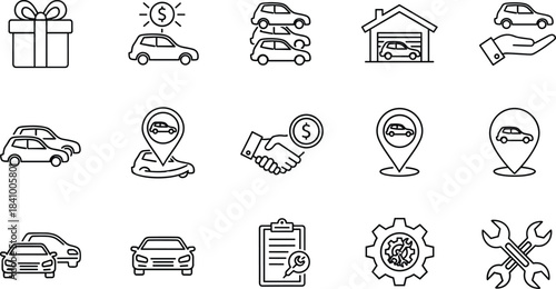 Car Dealership Line Icons, Automotive Service, Purchase, Sale, Location, Repair, Garage, Gift, Handshake, Finance, Vector Illustration