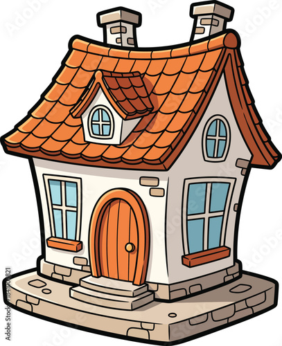 Whimsical cartoon cottage with an orange tiled roof stone foundation and two chimneys.
