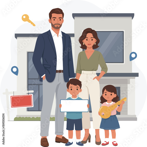 Happy Family in Front of New House Real Estate 