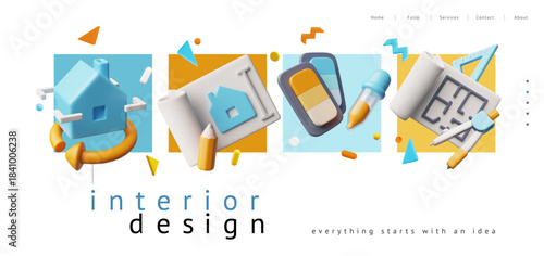 Interior and construction design landing page 3D vector, colorist station, project, interior creative developer service